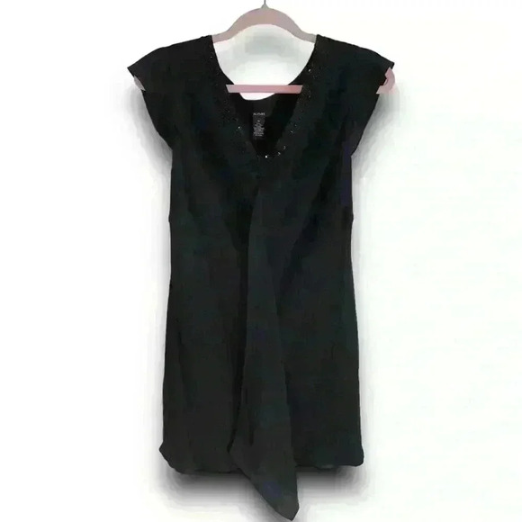 Black 100% Silk Blouse Beaded‎ Crystal V-Neck Cap Sleeve Formal Top 10 Fairy y2k - Picture 2 of 5